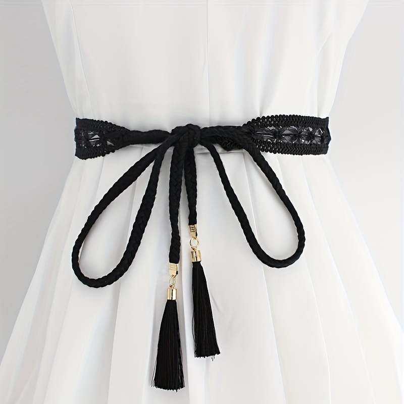 

Boho Tassel Sash Belt Vintage Braided Lace Waistband Solid Color Knotted Belt Decorative Dress Girdle For Women