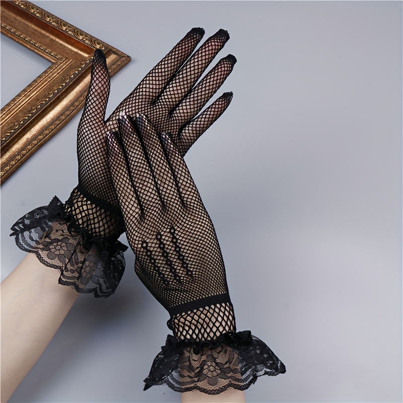 1pair Lace Gloves Women's Thin Vintage, Elegant Spring and Autumn Performance Fashion Sunscreen Black Gloves,Temu
