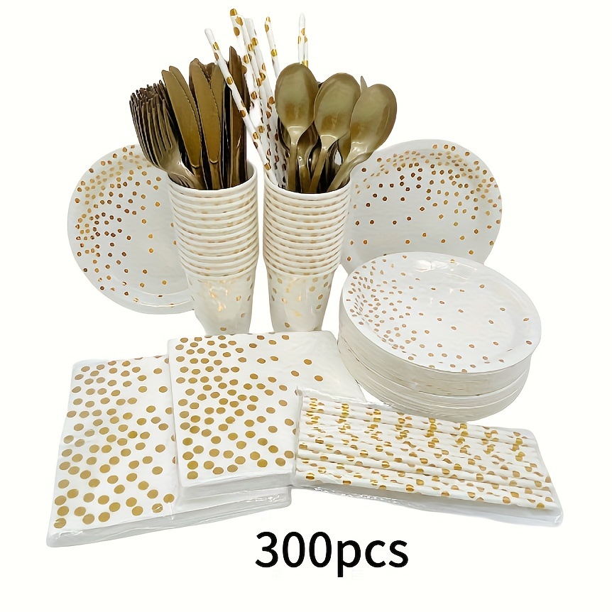 Vaisselle jetable en papier doré à pois, gobelets, assiettes