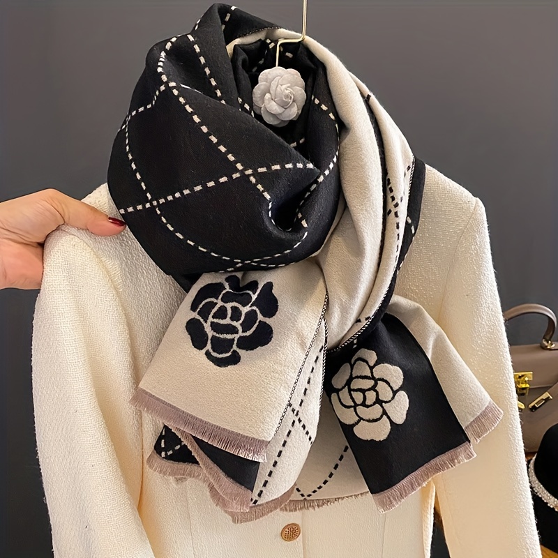Geometric Camellia Jacquard Scarf Elegant Stylish Imitation Cashmere Fringe Shawl  Women's Autumn Winter Versatile Warm Wrap Scarf - Temu United Arab Emirates