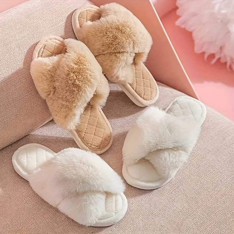 Women's Platform Fuzzy House Slippers, Open Toe Crisscross Strap Warm  Fluffy Shoes, Indoor Cozy Plush Slippers - Temu