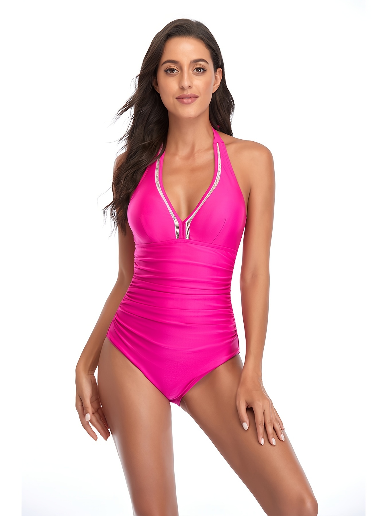 Halter Neck One Piece Swimsuit, V Neck Ruched Tummy Control High Cut