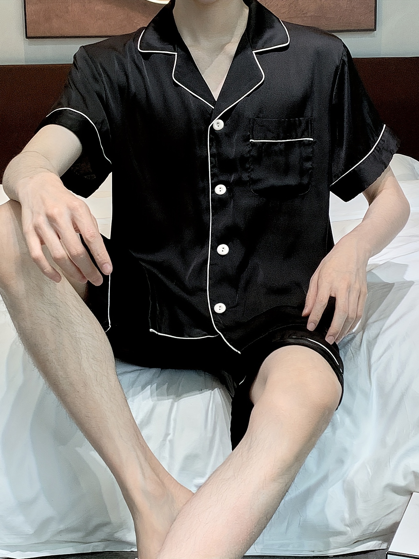 Men's Slim Fit Casual Comfortable Black Pajamas Set, Simulated Silk  Loungewear Short Sleeve Button Down Shirt Top & Shorts For Summer