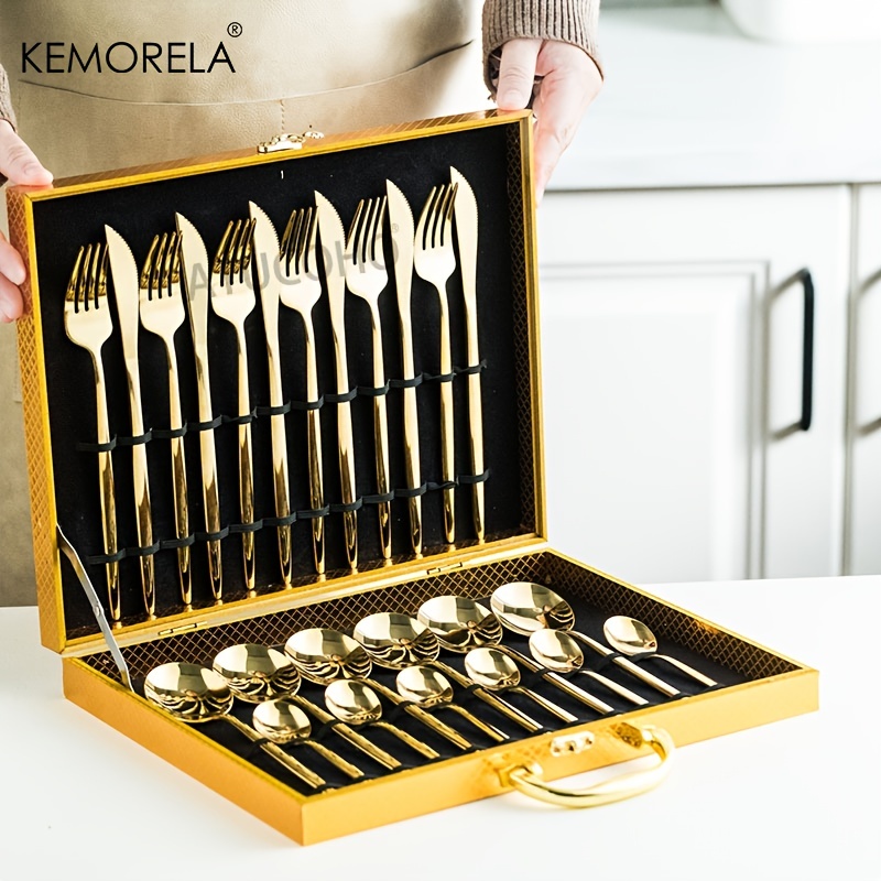 Elegant Tableware Set, Stainless Steel Mirror Polished Silverware Set,  Golden / Silvery Flatware Set With Gift Box, Wedding Dining Household Fork  Spoon Knife Cutlery Set, Kitchen Accessories - Temu