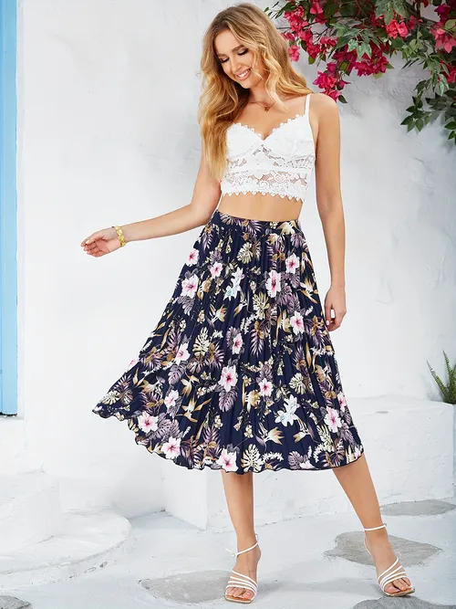 Vintage Floral Print Skirts Elegant Pleated High Waist Summer Skirts ...