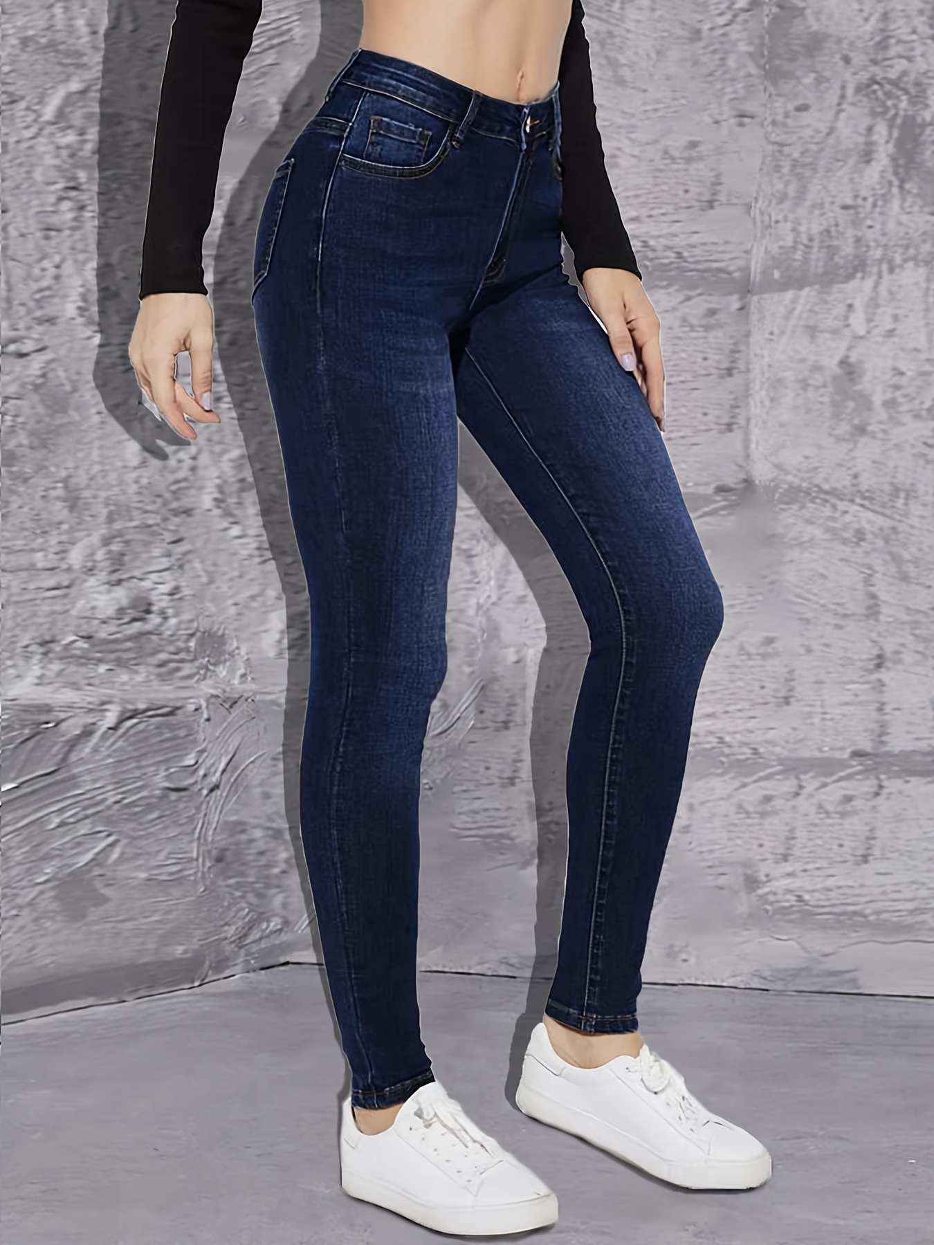 Jeans ajustados azul oscuro de tiro alto, pantalones de mezclilla ajustados  elásticos de diseño liso de cintura alta, jeans y ropa de mezclilla para m