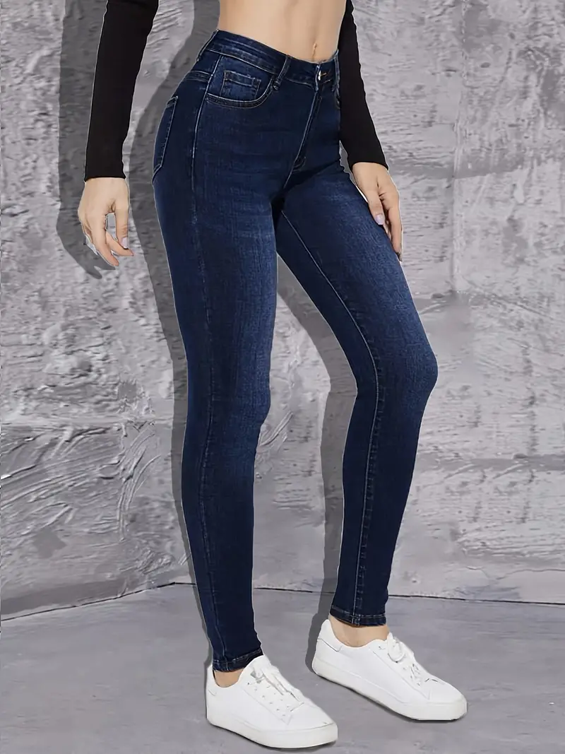 Jeans skinny azul escuro de cintura alta, cintura alta, design liso,  elástico, ajuste justo, calças jeans femininas e roupas
