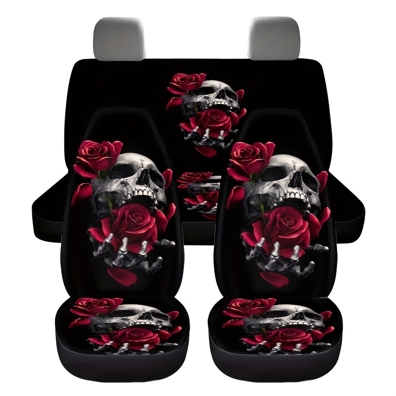 Suhoaziia 13 Pieces Skull with Red Rose Car Accessories Set, Includes Front  and Rear Seat Covers Car Windshield Sunshade Car Floor Mats Carpet