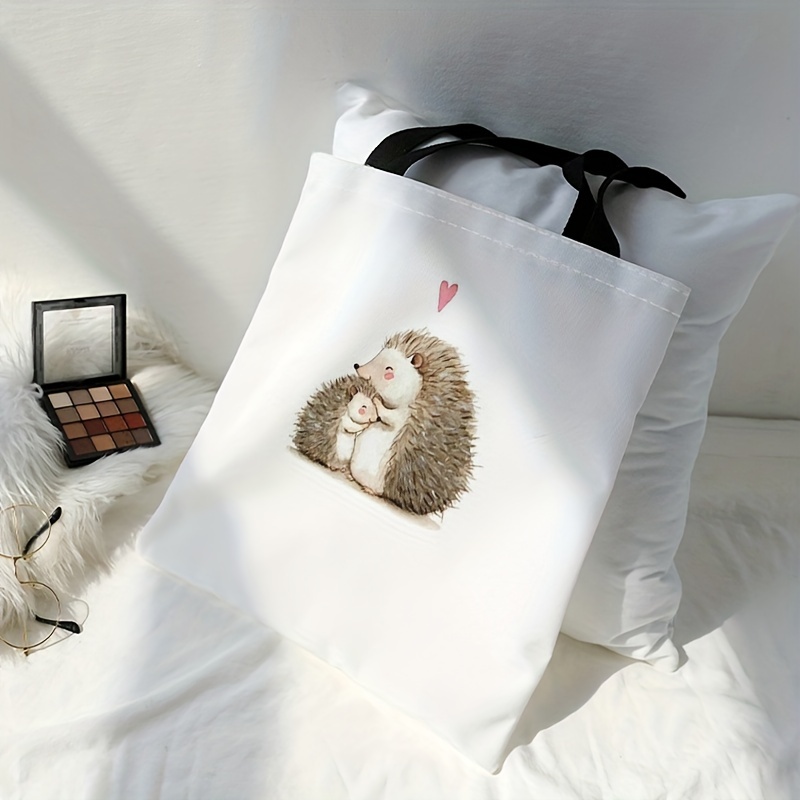 Cute Hedgehog Pattern Canvas Tote Bag, Cartoon Travel Beach