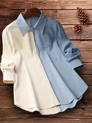 colorblock polo collar button shirt casual long sleeve shirt for spring fall womens clothing details 8