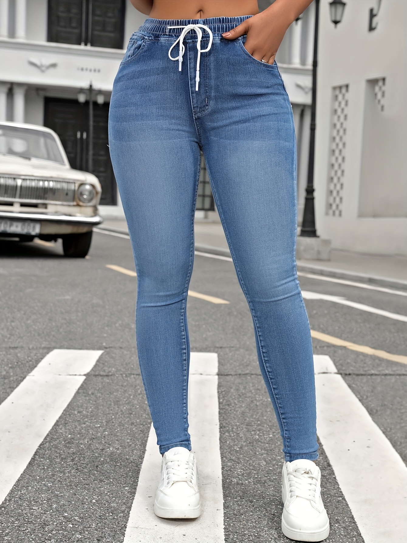 Drawstring Elastic Waist Skinny Jeans High Stretch Slim Fit - Temu