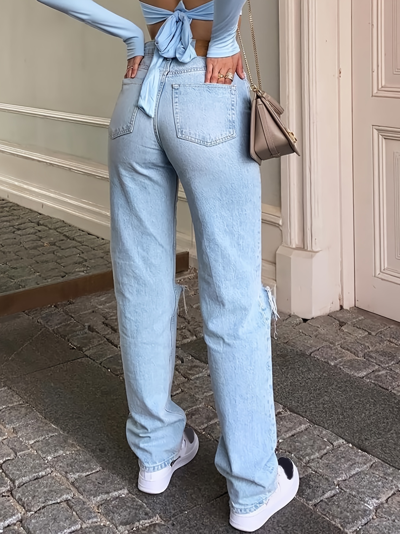 High Rise Straight Legs Loose Baggy Jeans, Ripped Knees Cut Out Front Wide  Legs Distressed Light Blue Boyfriend Pants, Women's Denim & Clothing