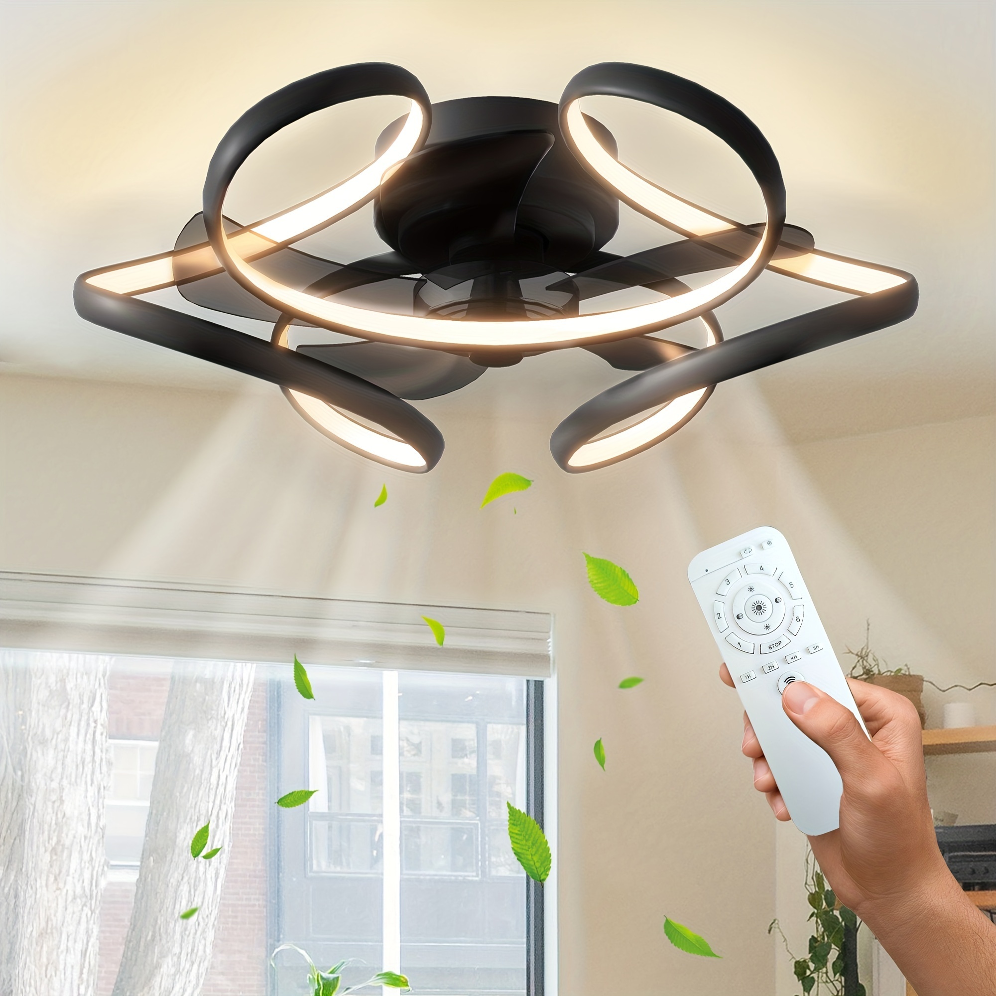 1pc Ceiling Fan With Light, Modern Black Flush Mount Low Profile, Smart  Geometric Bladeless Ceiling Fans With Remote Control, Dimmable LED, Perfect  Fo