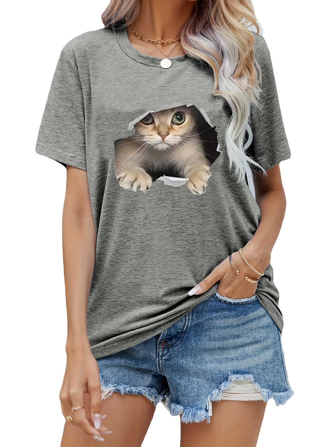 Cute Cat Print Crew Neck T shirt Casual Short Sleeve T shirt - Temu