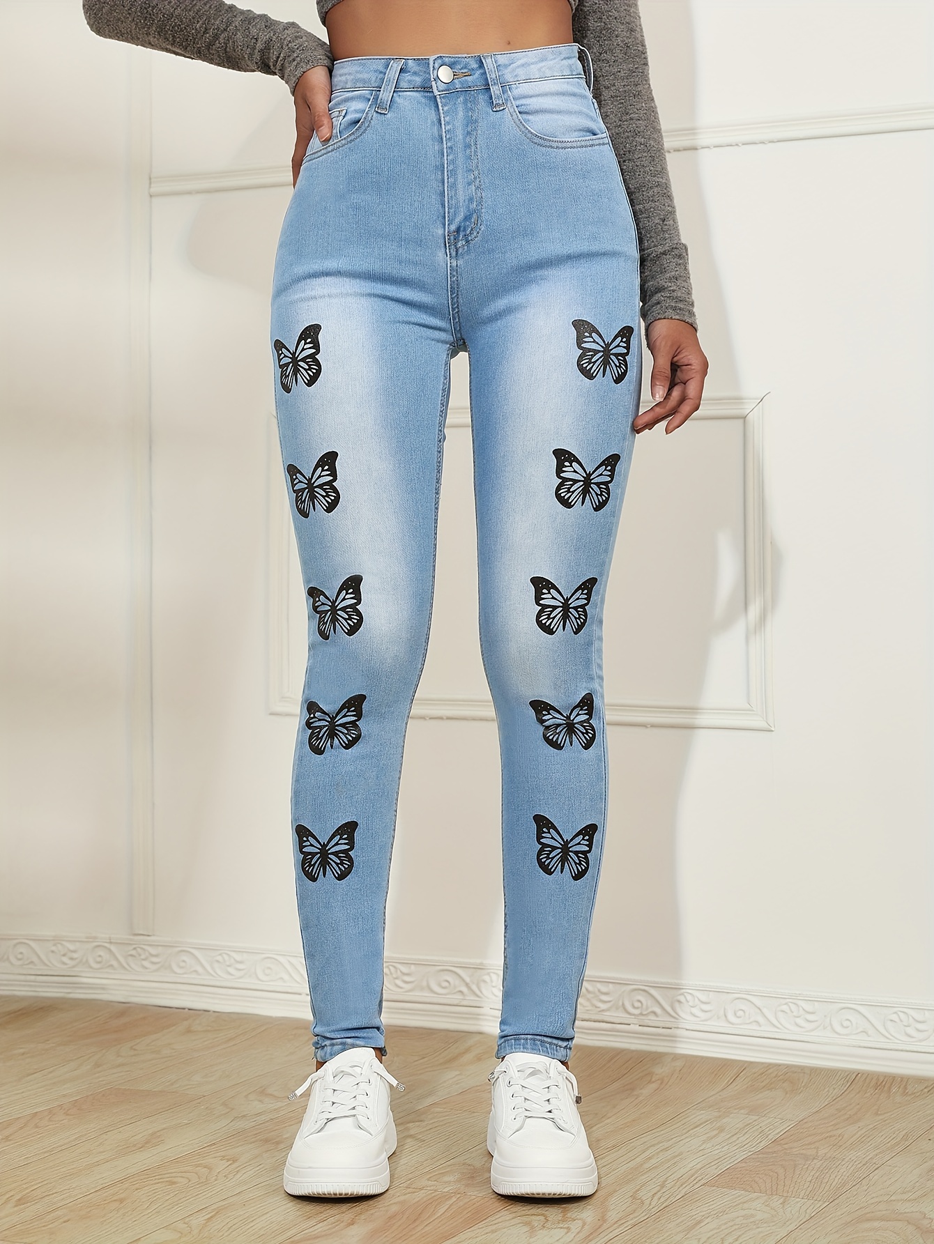 Butterfly Print Ripped Blue Straight Jeans Slash Pockets - Temu Australia