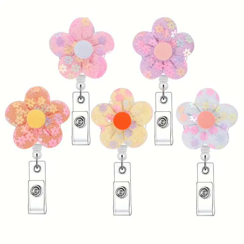 5pcs Flower Badge Reels Retractable Badge Holders ID Badge Holder  Retractable Clip Cute Badge Reel Retractable Lanyards For Id Badges Button  Sequin Gl