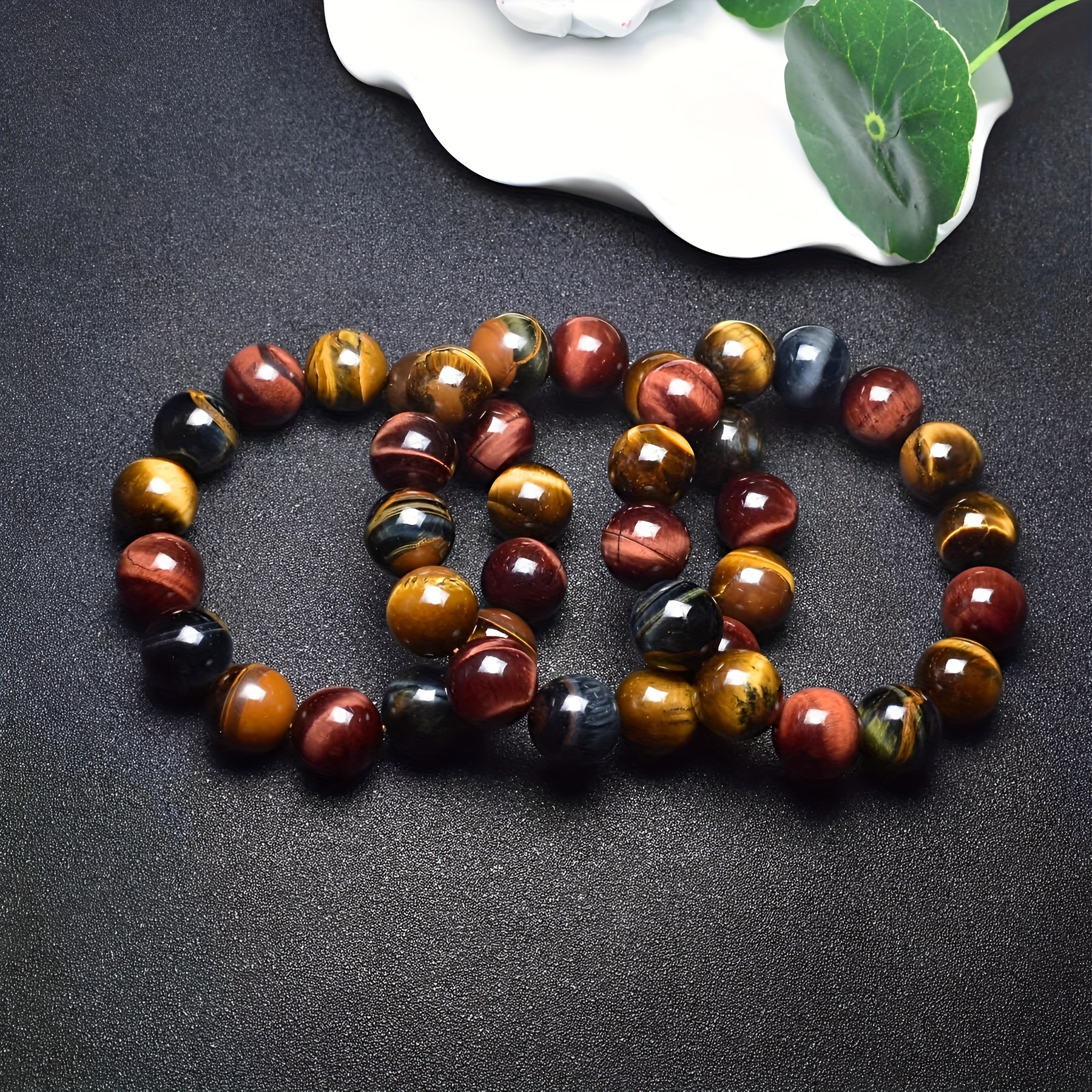 Natural Lava Beads Bracelet 4 Color Tiger Eye Stone with Matte Agate Hand  String (Red Tiger Eye, 8mm Beads x 8.5 inches)