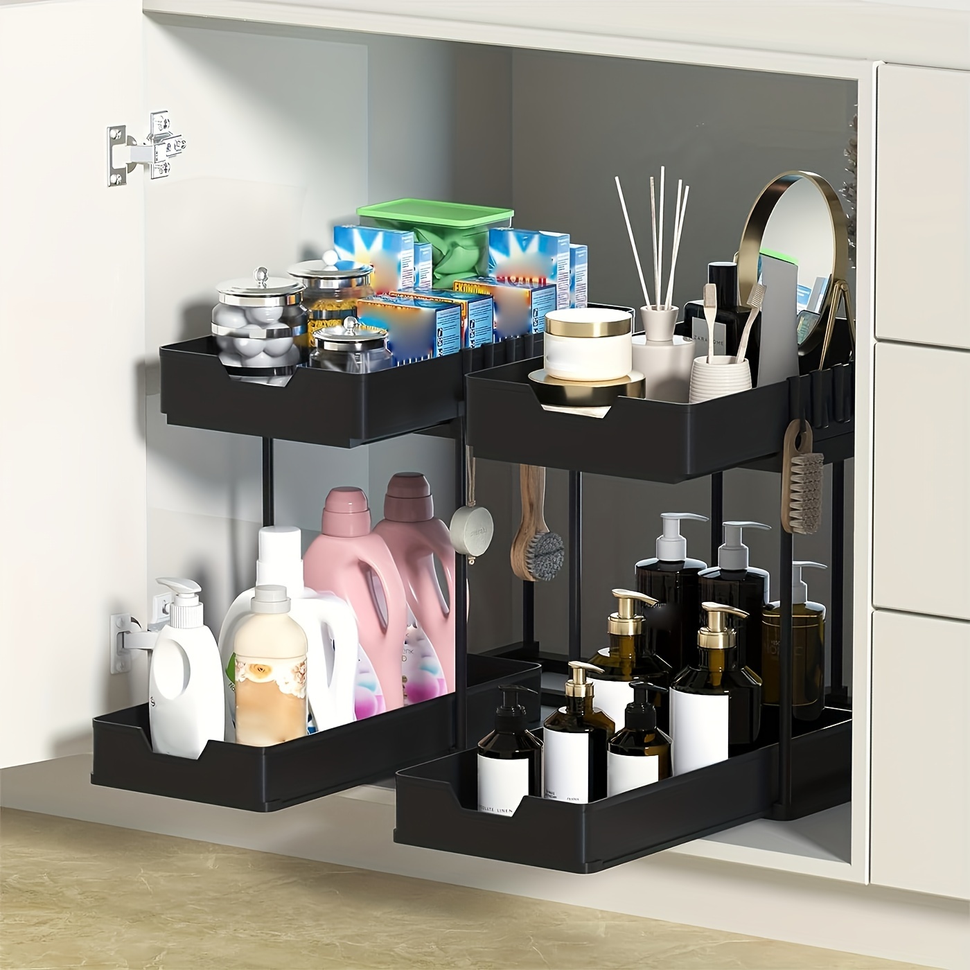 2-tier Sliding Cabinet Organizer With Hooks And Cup For Under Sink