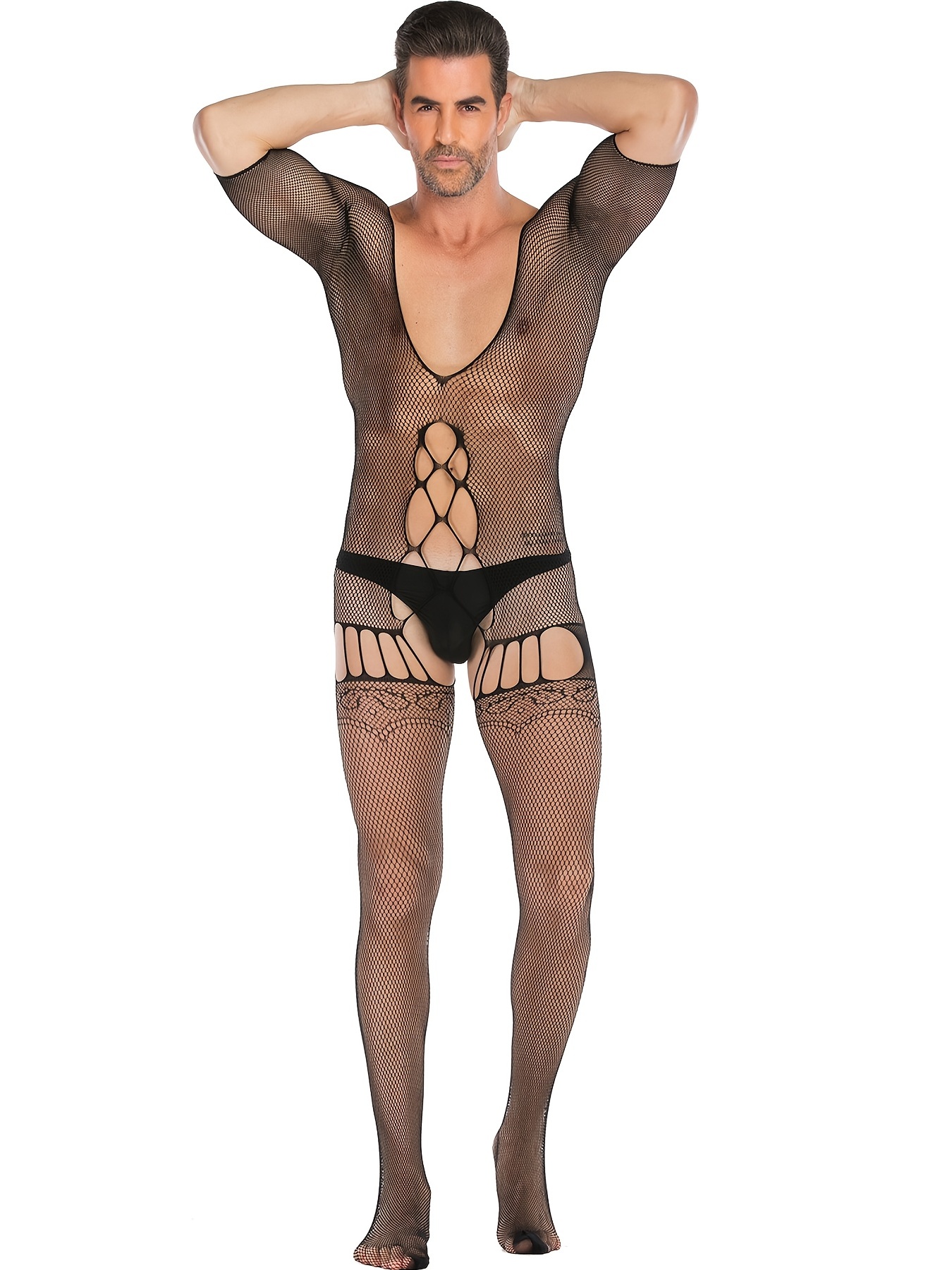 Men's Deep V-neck Crotchless Lingerie One Piece Bodysuit With Fishnet  Stockings, Briefs No Included, Today's Best Daily Deals