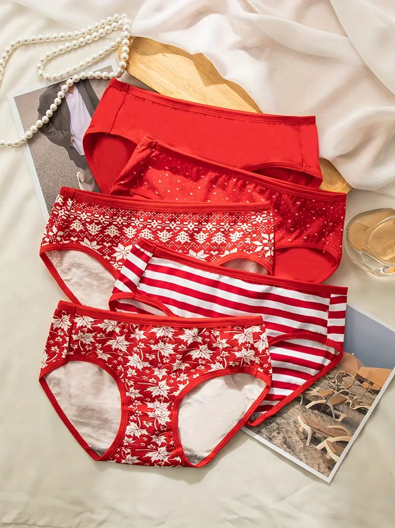 5pcs Maple Leaf Print Red Briefs, Comfy & Breathable Stretchy Intimates  Panties, Women's Lingerie & Underwear