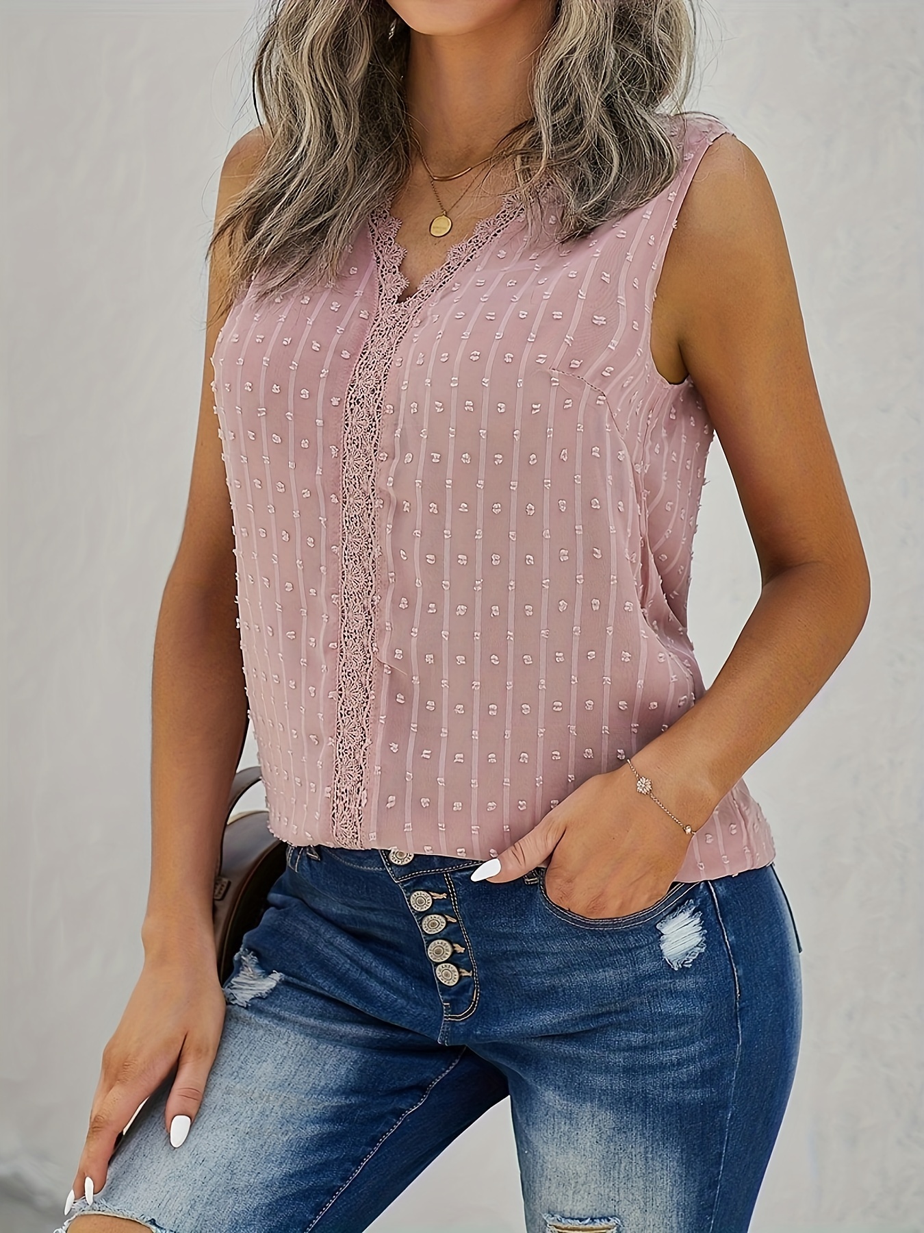Lace Stitching Tank Top Casual Solid Sleeveless Crew Neck - Temu