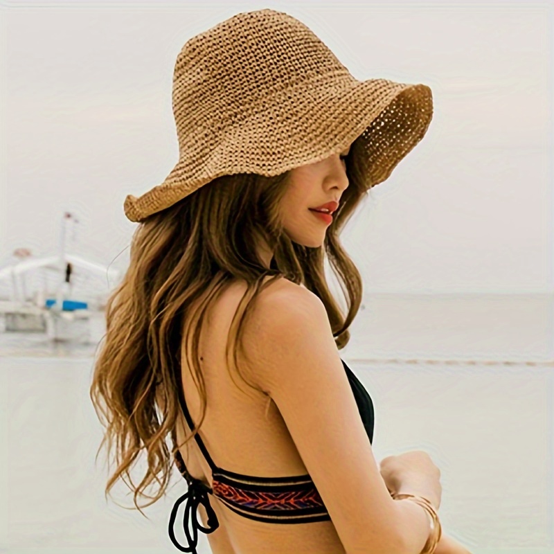 

1pc Khaki Straw Hat Wide Brim Sun Hat Summer Versatile Sunshade Hats Suitable For Outdoor Travel