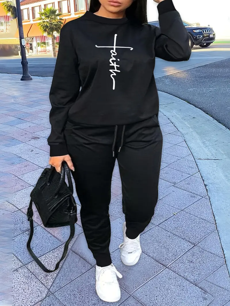 Plus Size Casual Outfits Set, Women's Plus Cross Letter Print Long Sleeve  Crew Neck Pullover Top & Drawstring Joggers Outfits Two Piece Set
