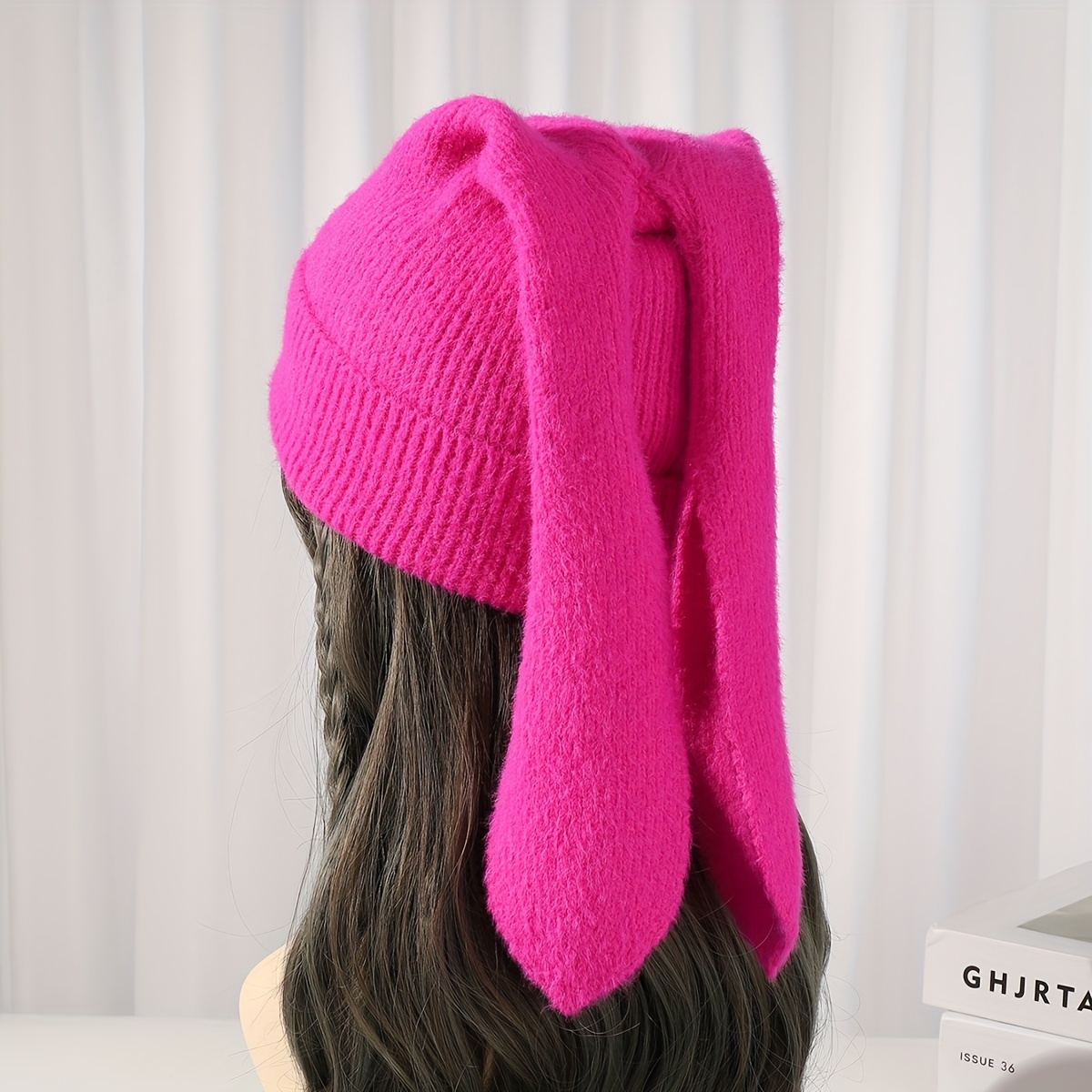 Knit Beanie Hats for Women Bunny Winter Cap Faux Fur Warm Knit Rabbit Crochet Skull Cap Ski Outdoor Slouchy Hat