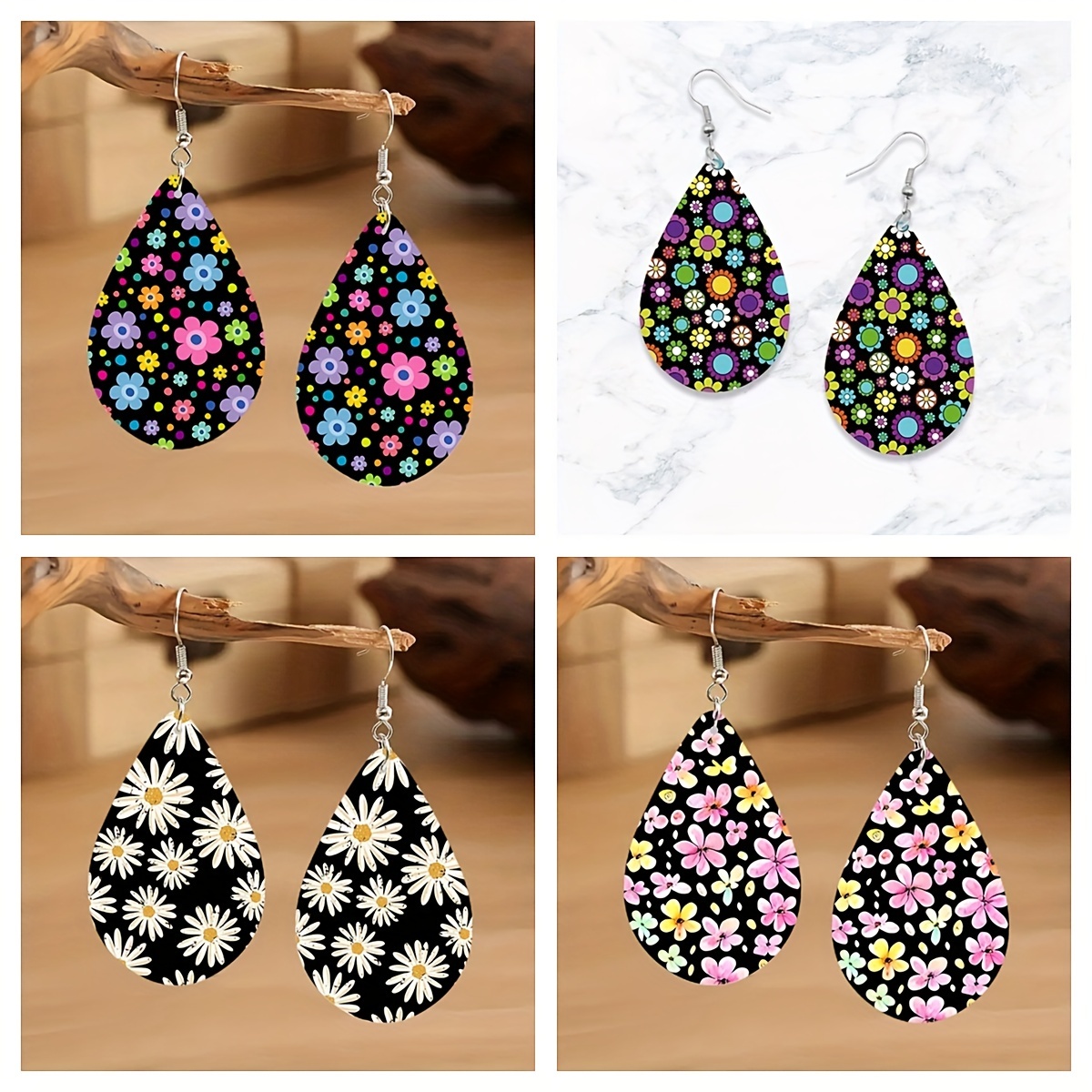 

1pair Colorful Flower Daisy Pattern Wooden Teardrop Earrings, Cute Cartoon Bohemian Dangle Jewelry For Girls