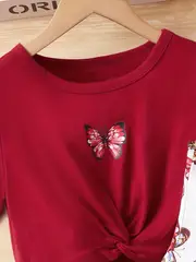 girls butterfly graphic twist knot short sleeve tee top cami dress set for party kids summer clothes details 2