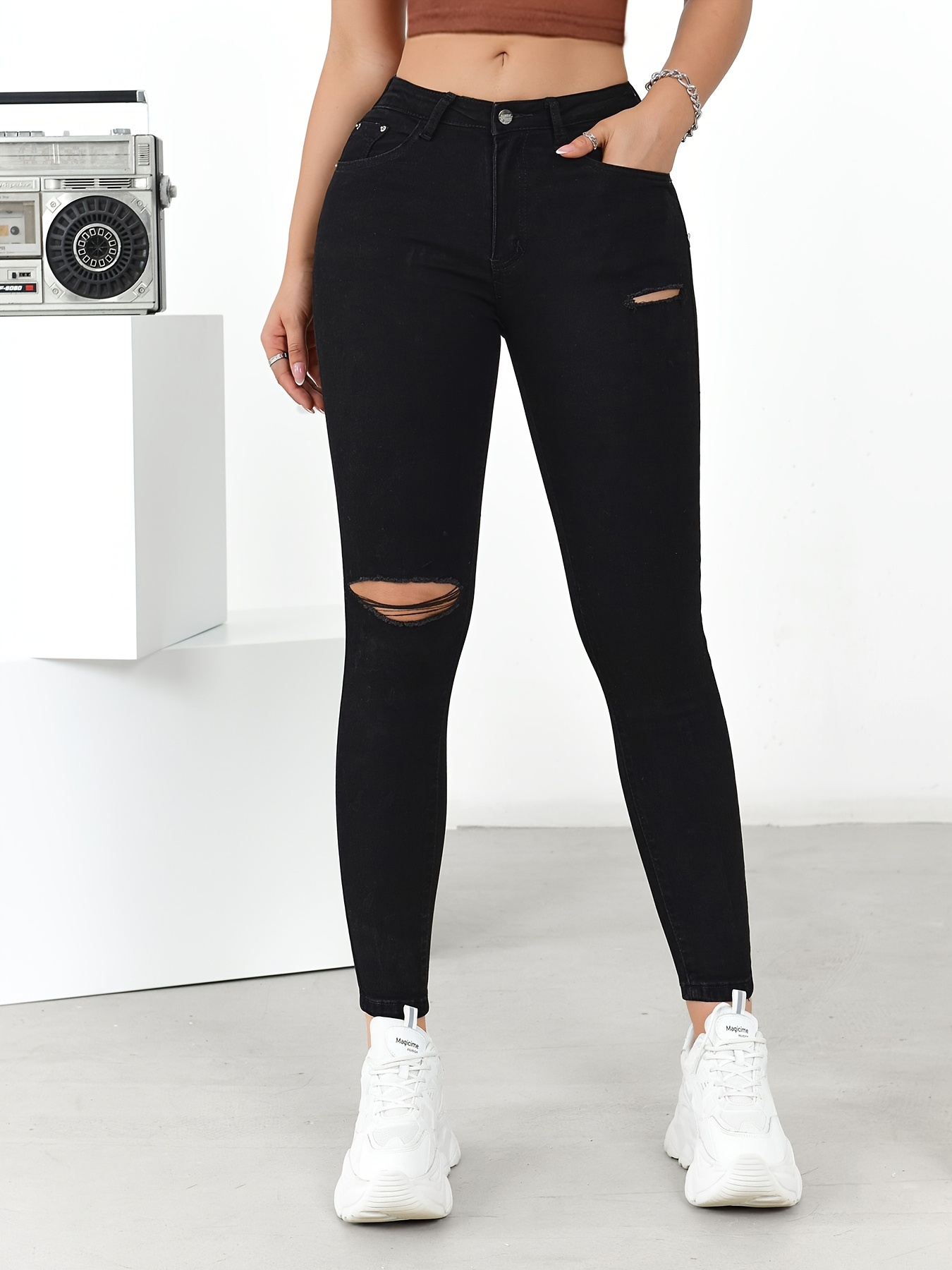 Ripped Plain Black Skinny Jeans High Stretch Slash Pocket - Temu Malaysia