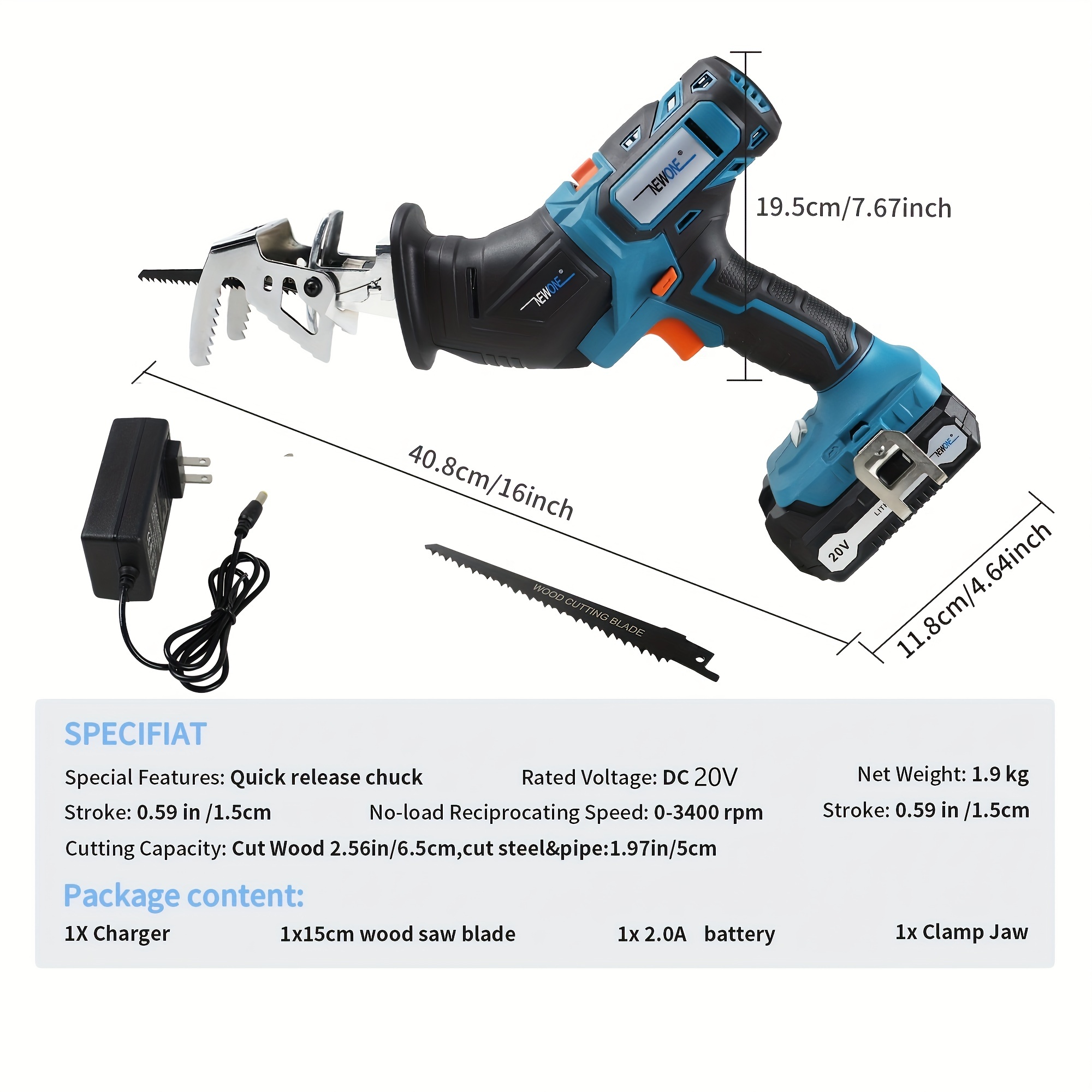 20v Cordless Detachable Reciprocating Saw, 0-3400rpm One-hand Portable  Small Power Cutter W/clamping Jaw, 2000 Mah,6-variable Speed,tool-free Blade  Change Saw Blades For Wood/metal/pvc Temu