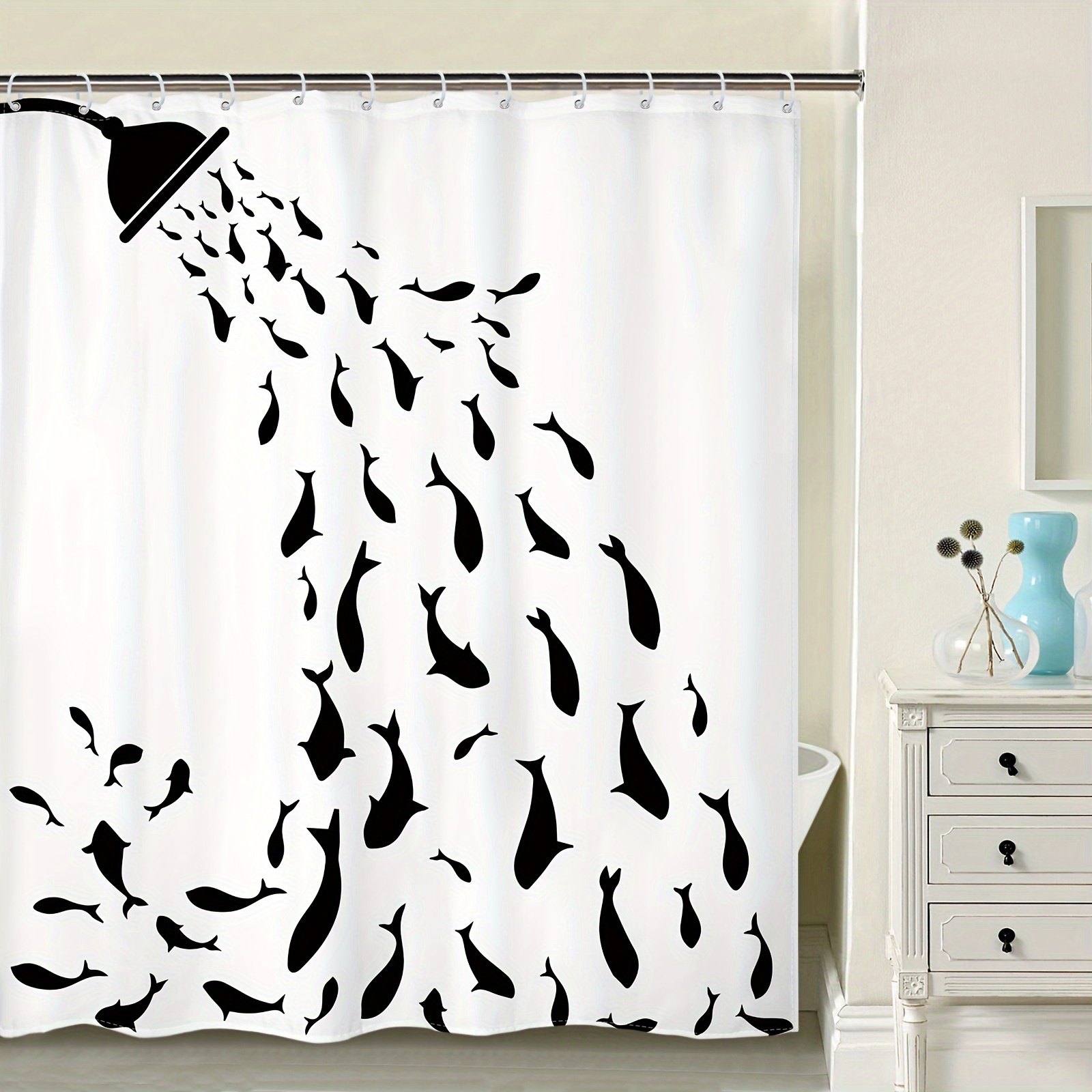 Divertida cortina de ducha de gato para el baño de los niños, diseño de  ballena y tiburón sobre olas del océano, cortinas de ducha de tela de