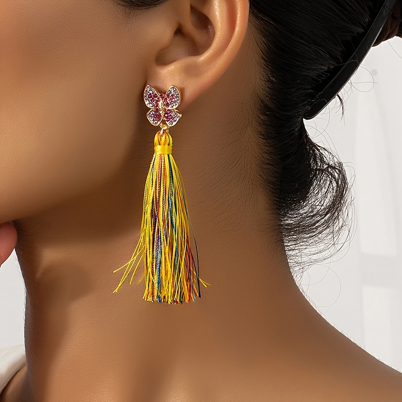 Pendientes largos con diseño de borla de mariposa, hierro chapado en oro de  14K, joyería elegante de estilo punk para mujeres