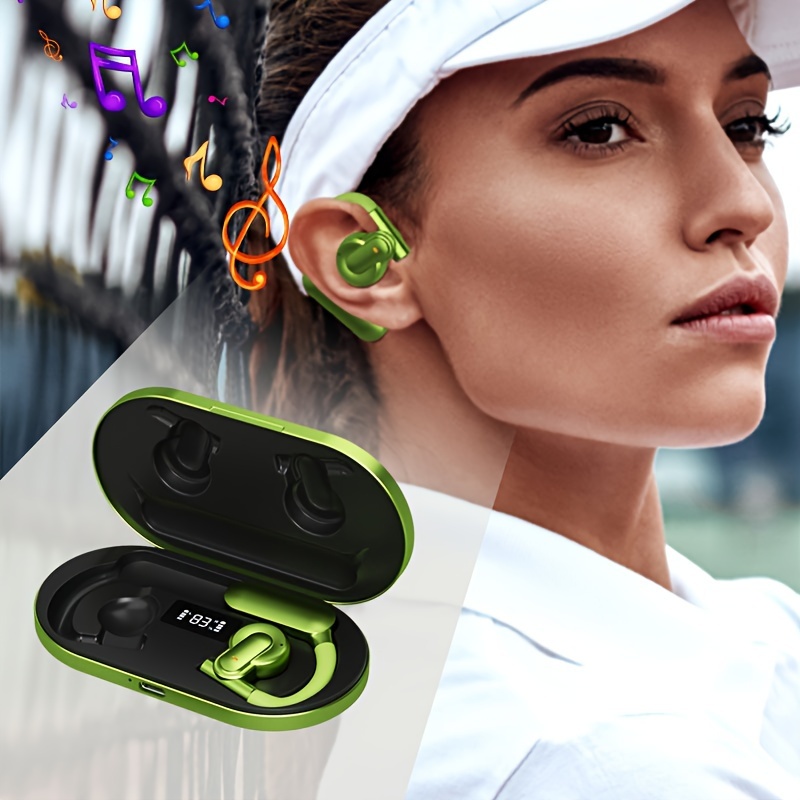 Auriculares inalámbricos Bluetooth con ganchos para los oídos [carga solar  y carga inalámbrica con pantalla LED] [IPX7 resistente al agua] Auriculares