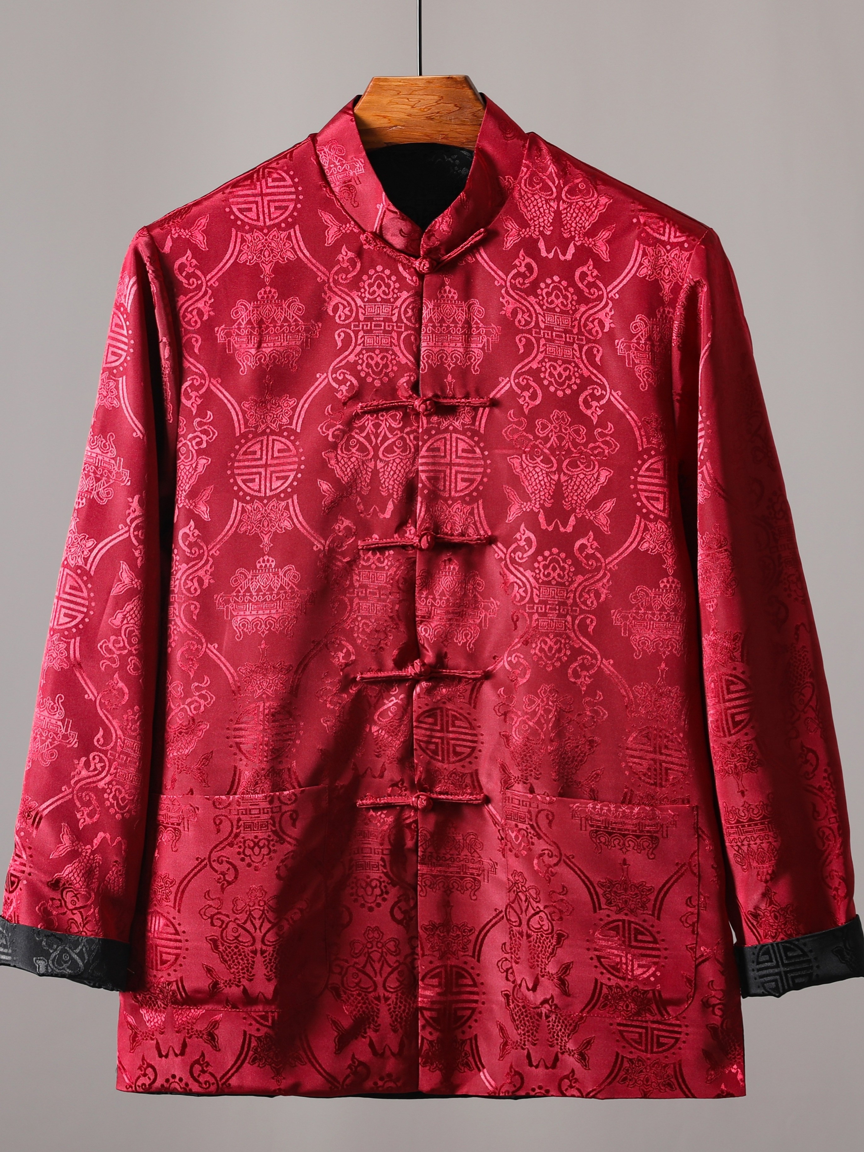 Red Black Chinese Men Reversible Satin Robe Embroidery Dragon