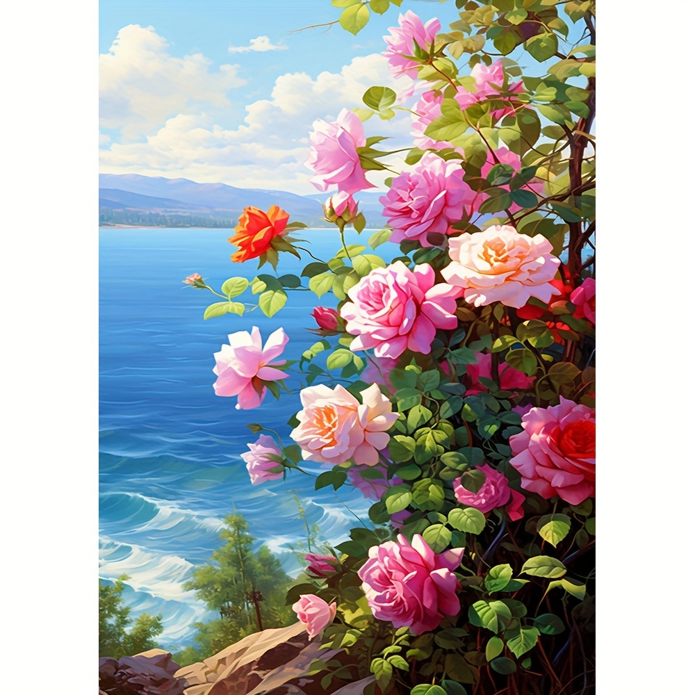 

1pc Large Size 30x40cm/ 11.8x15.7inch Without Frame Diy 5d Diamond Painting Flowers By The Sea, Full Rhinestone Painting, Diamond Art Embroidery Kits, Handmade Home Room Office Wall Decor