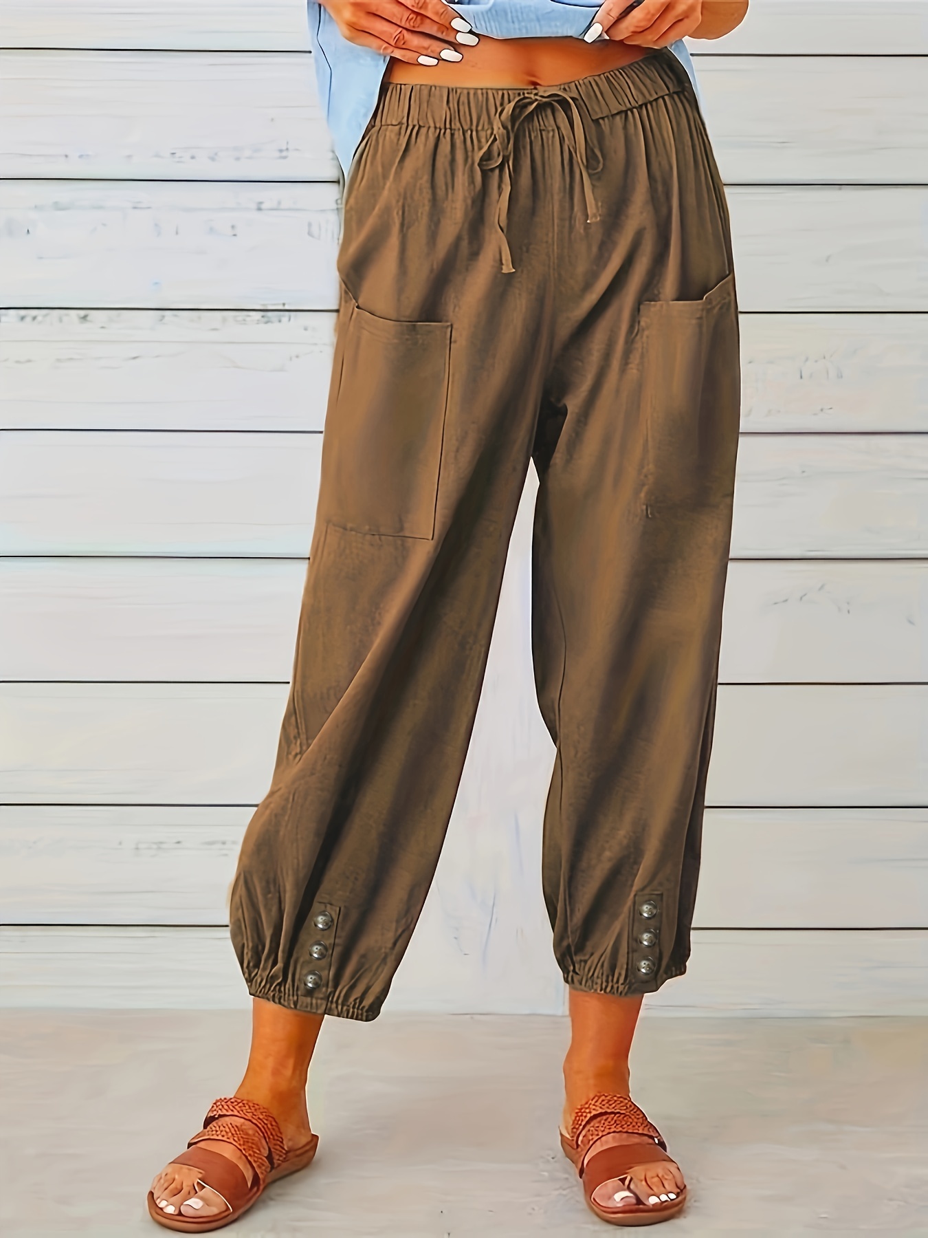 Plus Size Casual Pants Women's Plus Solid Drawstring Elastic - Temu Canada