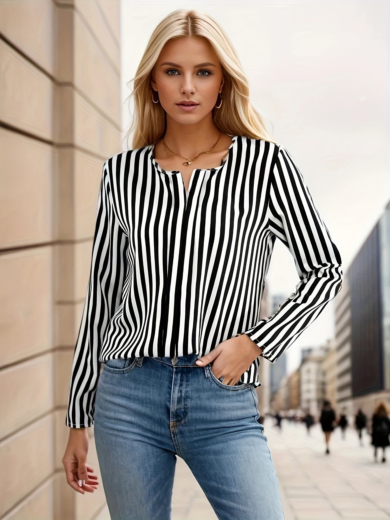 Striped Print Notched Neck Blouse Casual Long Sleeve Work - Temu