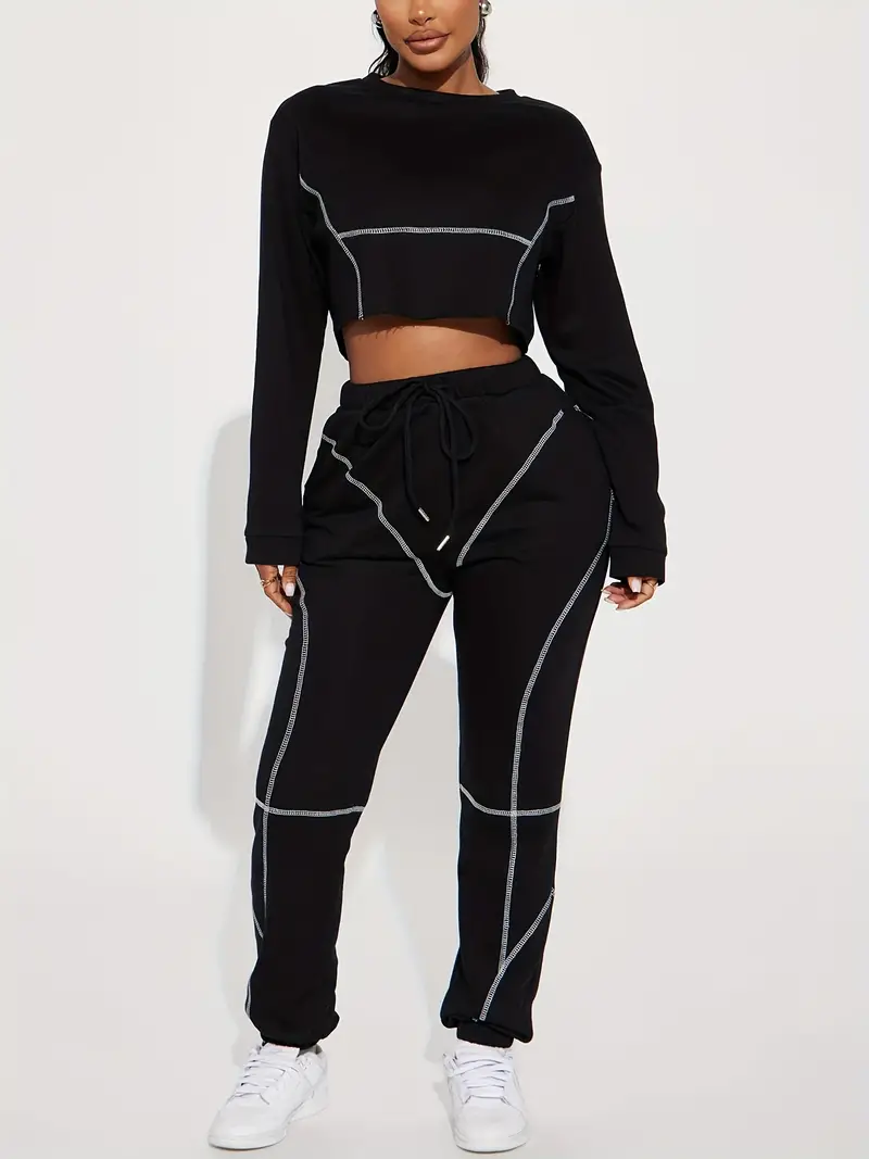 striped simple two piece set cropped long sleeve tops drawstring waist jogger pants outfits womens clothing details 4