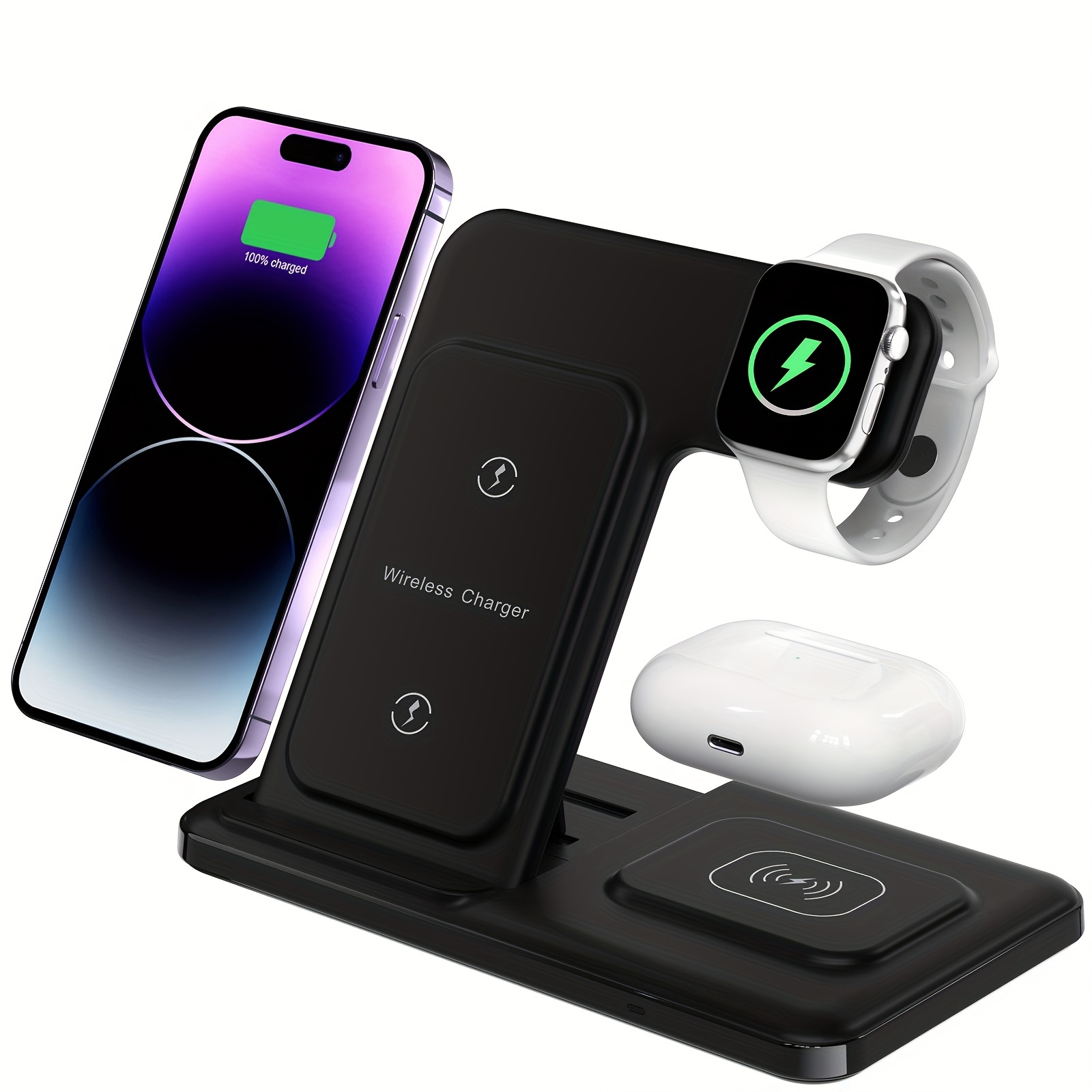 3 in 1 Wireless Charger, 18W Fast Charger Pad Stand Charging Station Dock  for iWatch Series SE 8/7/6/5/4/3 Airpods Pro/3/2 for iPhone 15/14/13/12  /11/Pro Max/12 Mini /XR (With QC3.0 Adapter) 