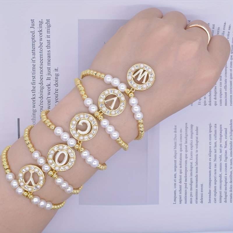 1pcs Fashion Stainless Steel A-Z Initial Imitation Pearls Bracelet