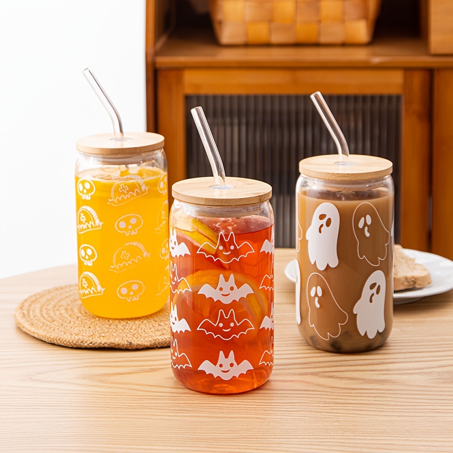 Ice Coffee Cup With Bamboo Lids And Glass Straw, Ghost Pumpkin Bat And  Skull Pattern Glass Cup Sublimation Boho Printed Beer Can Glasses,  Halloween Gifts Halloween Christmas Decorations - Temu