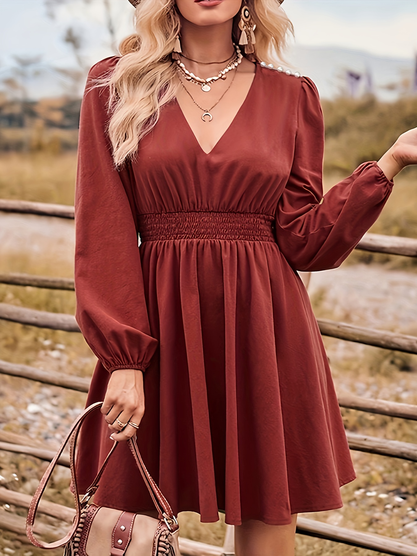 Solid Shirred Waist Dress Elegant V Neck Long Sleeve Dress - Temu Canada