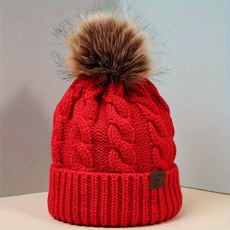 Solid Twisted Beanie Hat with Pom Poms, Fashionable Chunky Soft Warm Cable Knit Hat,Temu