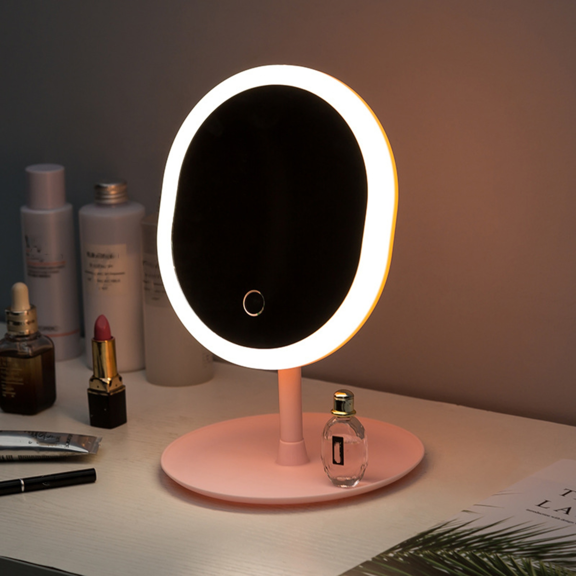 Espelho de maquilhagem inteligente com espelho LED portátil com luz  dobrável quadrada ajustável