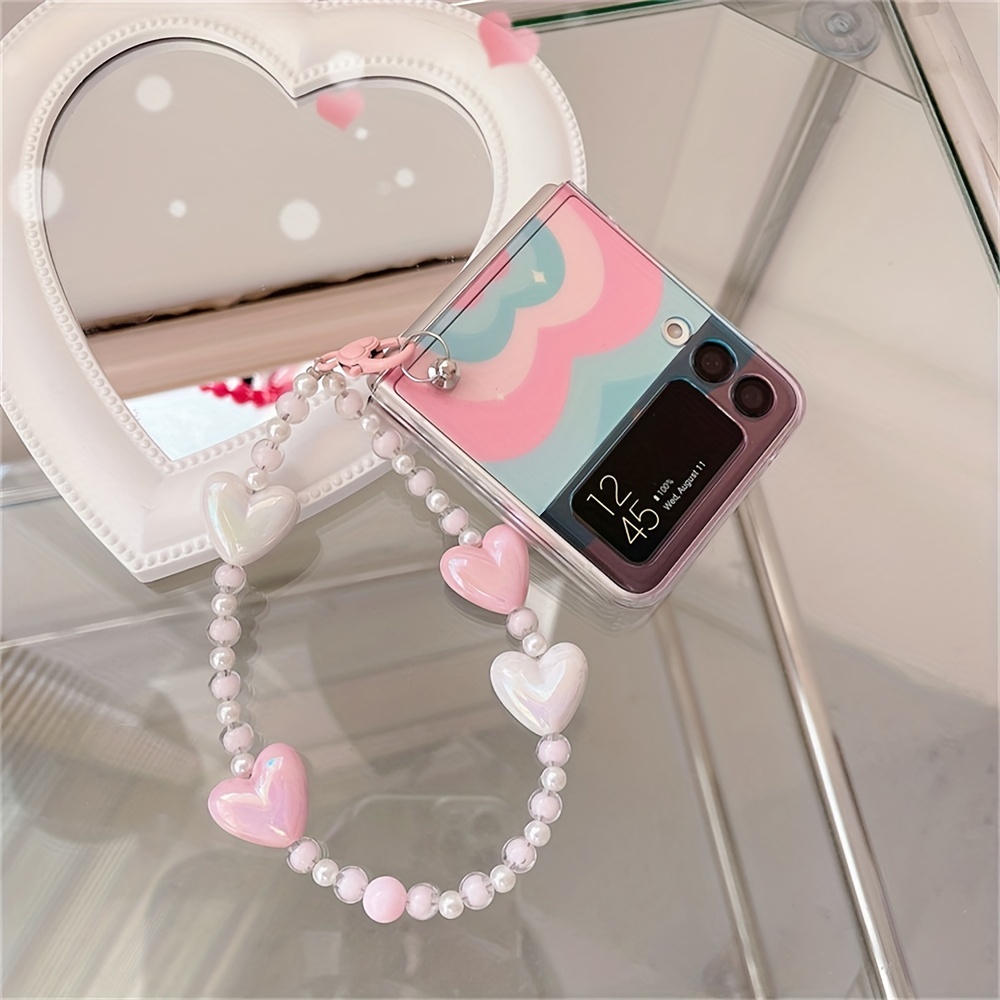 for Galaxy Z Flip 4 Case - Cute Flip Phone Cases with Pearl Strap Love  Heart Clear Case for Samsung Z Flip 4 Case 5G Shockproof Protective Cover
