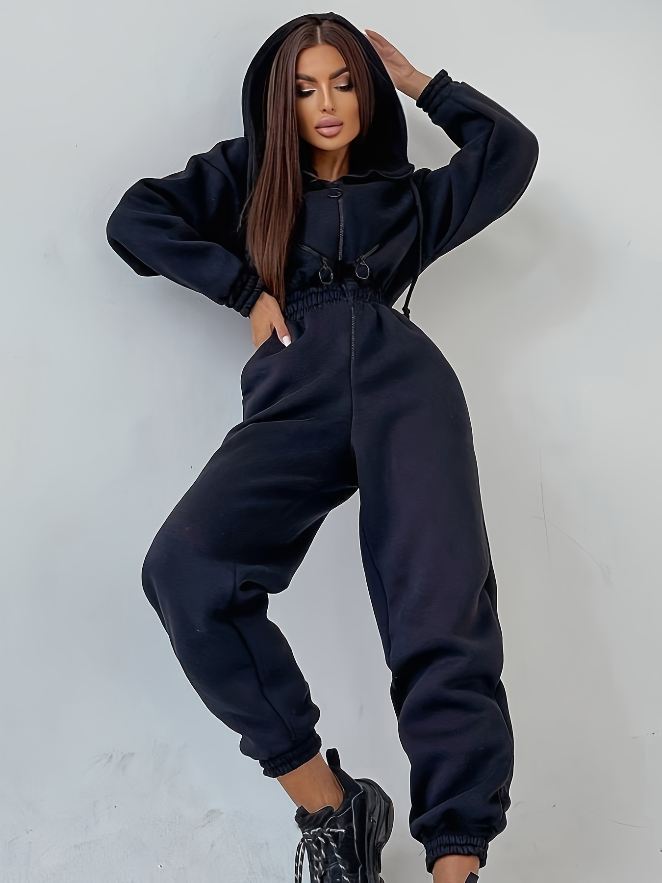 New Hooded Jumpsuits Zip Up One Piece Outfit Romper Pockets S