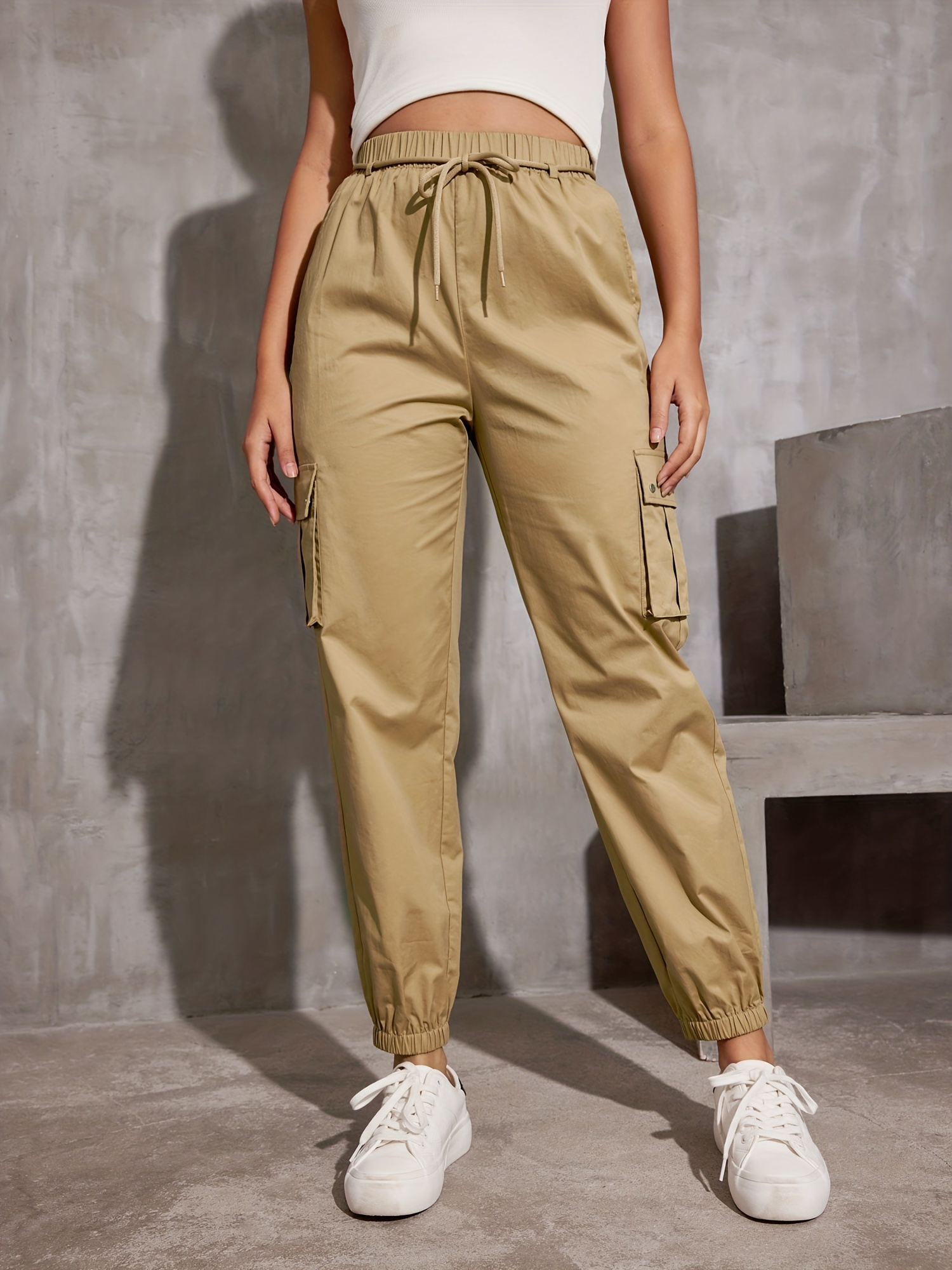 Streetwear Cargo Pants Women High Waist Drawstring Casual Pockets