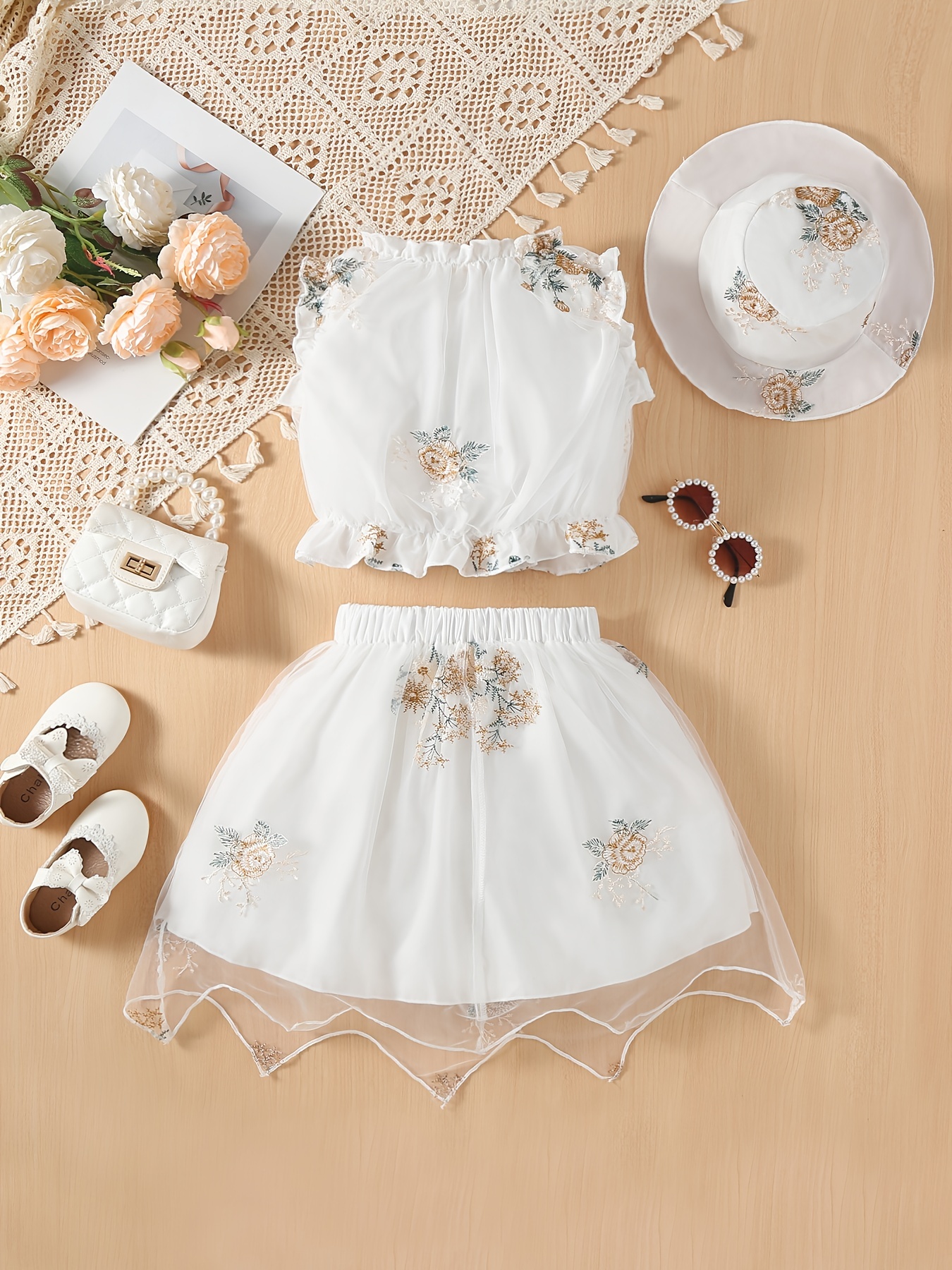 Mesh Flower Embroidery Hat & Ruffled Set for Kids